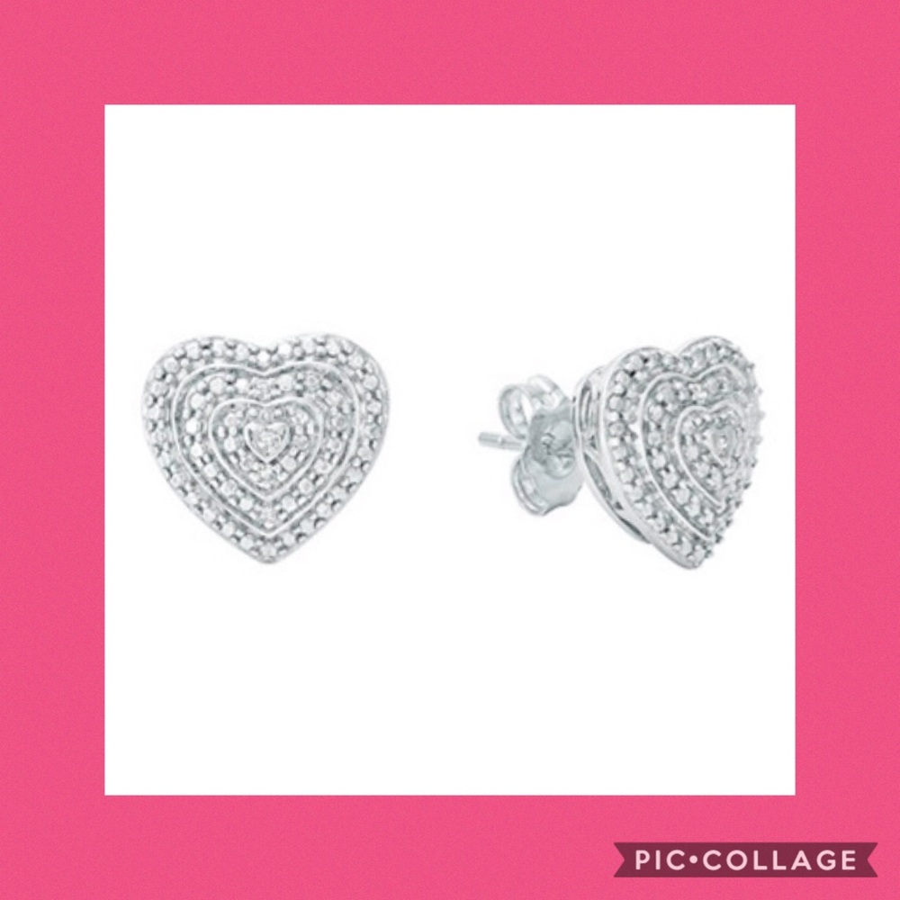Sterling Silver (925) Diamond Heart Stud Earrings - Picture 3 of 5